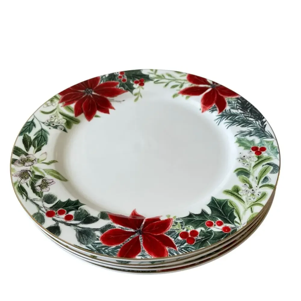 Grace Teaware Christmas Poinsettia Dinner Plates 10.5in Set of 4 Holiday New
